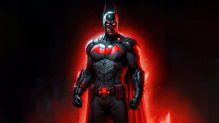 Batman in a red and black suit with glowing red eyes