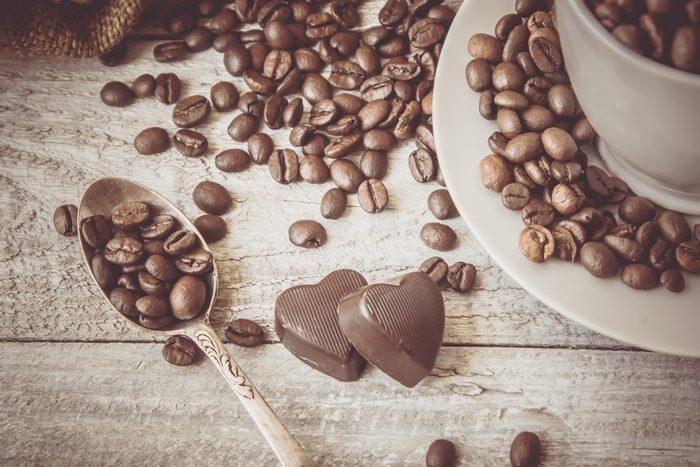 Coffee Beans and Heart-Shaped Chocolates Still Life
