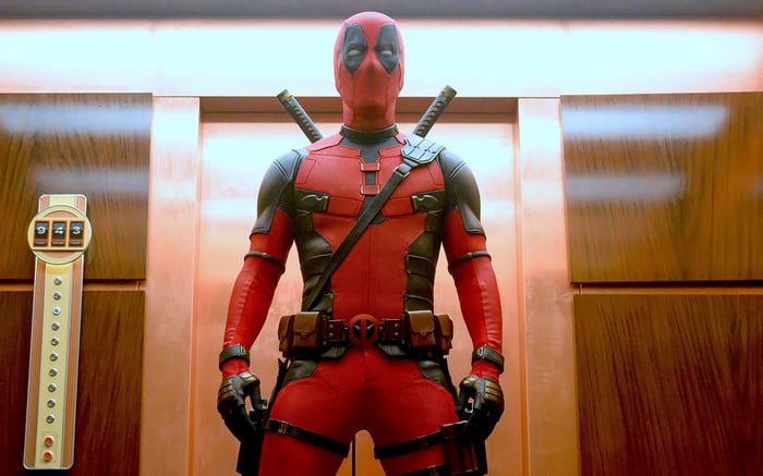 Deadpool in a red and black suit