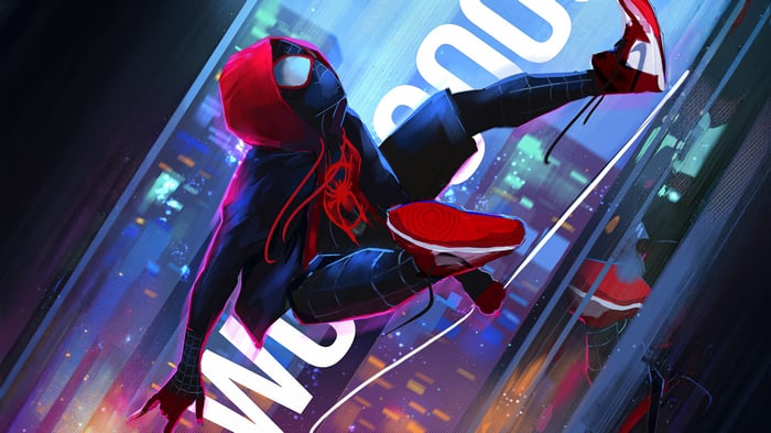 Miles Morales Swinging Through a City