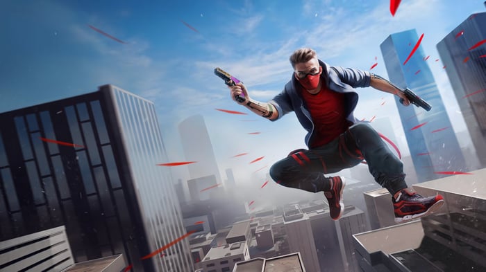 Stride Fates: Man with guns jumping between buildings