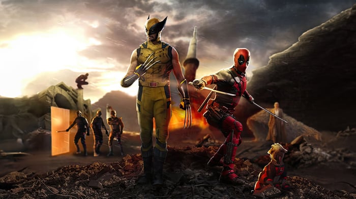 Deadpool and Wolverine in a Post-Apocalyptic Landscape