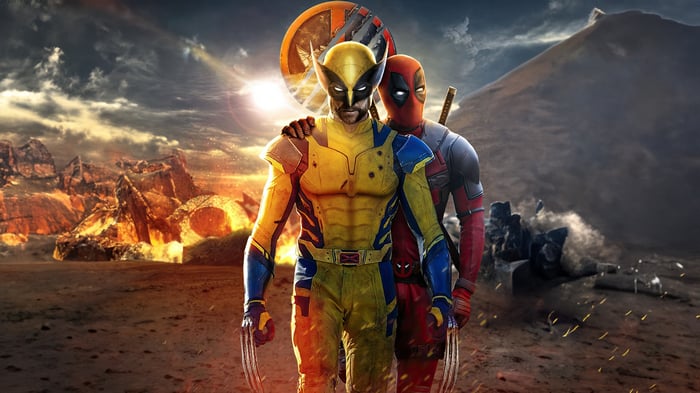 Deadpool and Wolverine in a desolate landscape