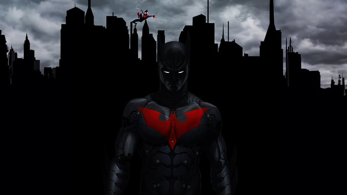 Batman Beyond and Spider-Man in a dark city
