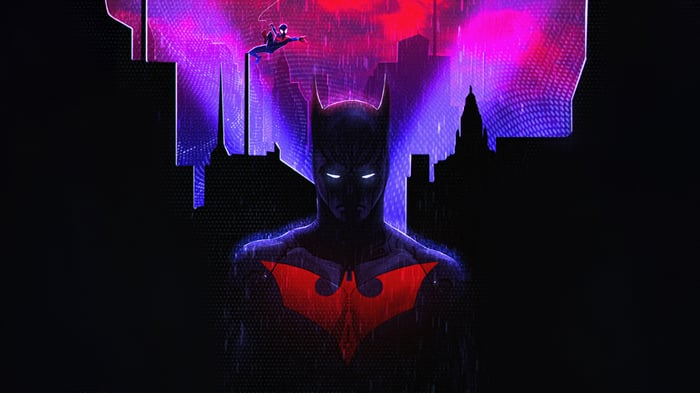 Batman Beyond and Spider-Man in a neon city