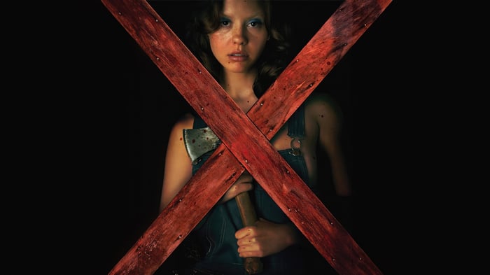 Mia Goth as Maxxxine holding an axe