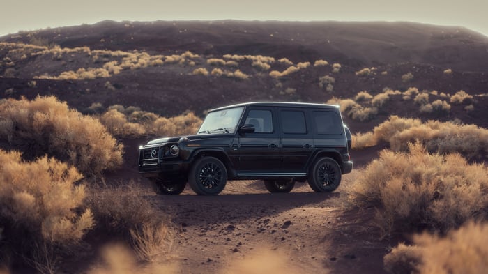 Black Mercedes G Wagon in a desert landscape