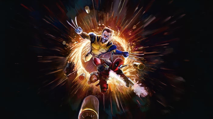 Deadpool and Wolverine in a chaotic explosion