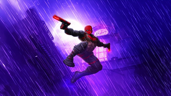 Red Hood in Gotham Knights during a rainy night