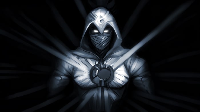 Moon Knight with glowing eyes and hood