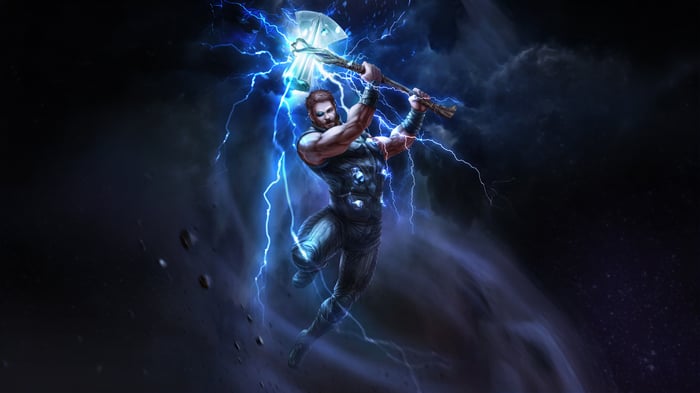 Thor wielding Mjolnir amidst lightning