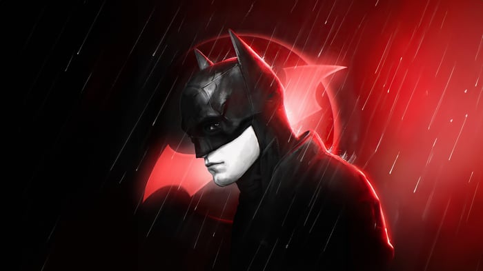 Batman in the Rain with Red Bat Symbol