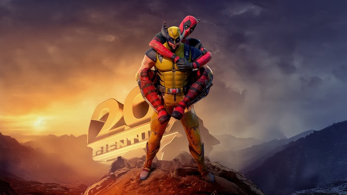Deadpool rides Wolverine with 20th Century Fox logo
