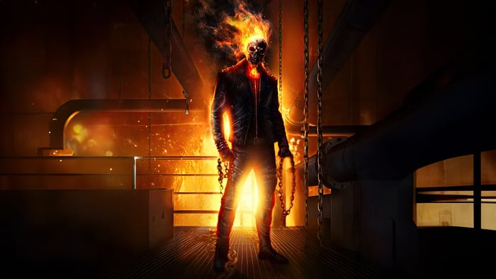 Ghost Rider in a fiery industrial setting