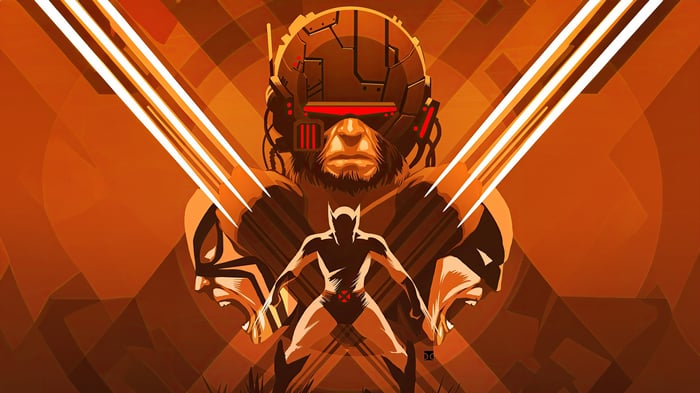 Wolverine and Cyclops in an orange abstract background