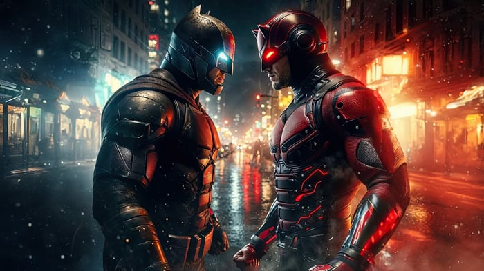 Batman and Daredevil face off in a city at night