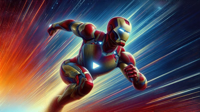 Iron Man in a dynamic pose with light streaks