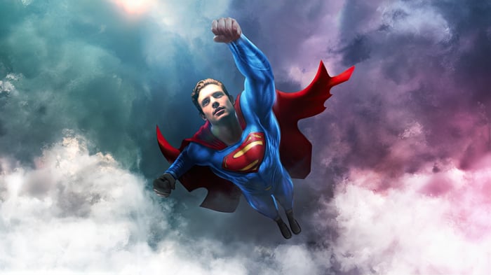 Superman Flying Through Stormy Clouds