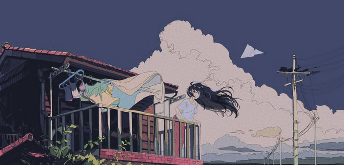 Anime girl on balcony with laundry and paper airplane