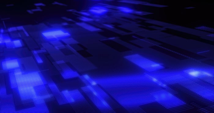 Abstract Blue Digital Grid with Glowing Rectangles