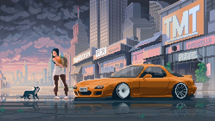 Pixel Art City Street with Car and Girl