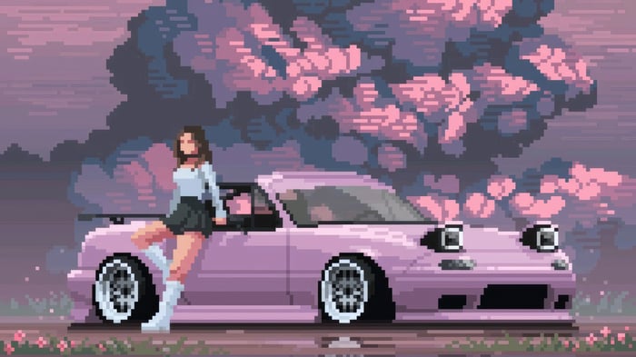 Girl leaning on a pink Mazda Miata