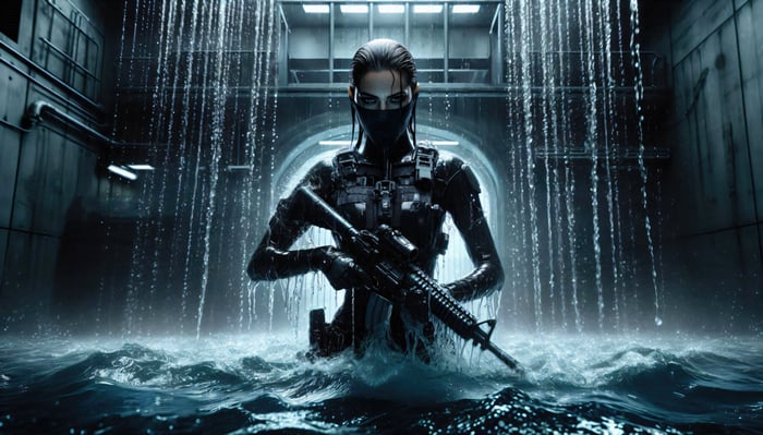 Sniper Girl in Water with Rifle