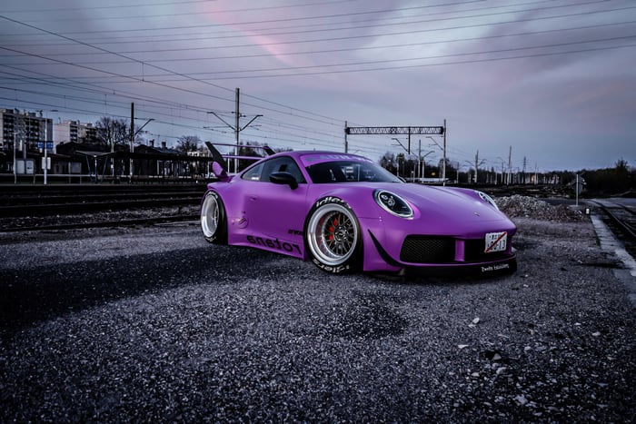 Purple Porsche 992 GT3 RS at Train Tracks