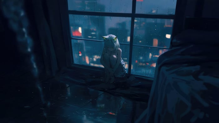 Lonely anime girl with cat ears sits by a rainy window
