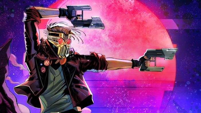 Star Lord holding two guns in space