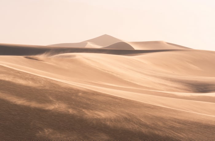 Sand dunes with wind blowing sand
