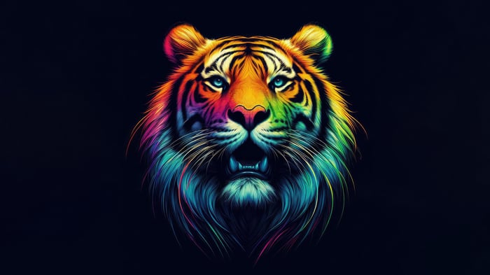Rainbow Tiger Face with Blue Eyes