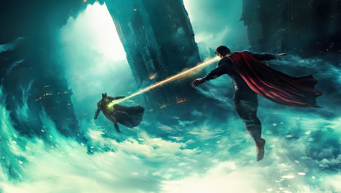 Batman and Superman fight with energy beams