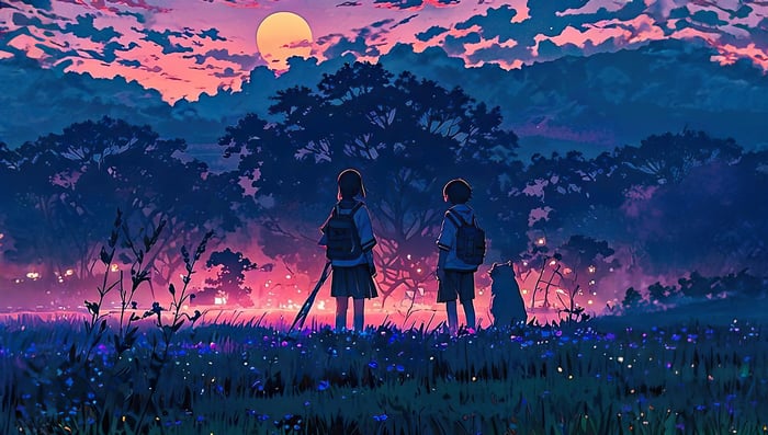 Two children and a dog watch the sunset in a field