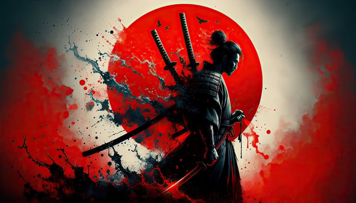 Samurai warrior with swords against a red sun
