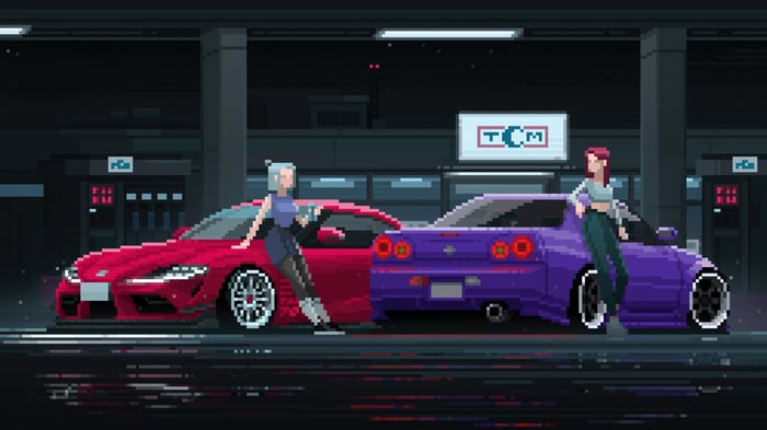 Two women with their cars in a garage