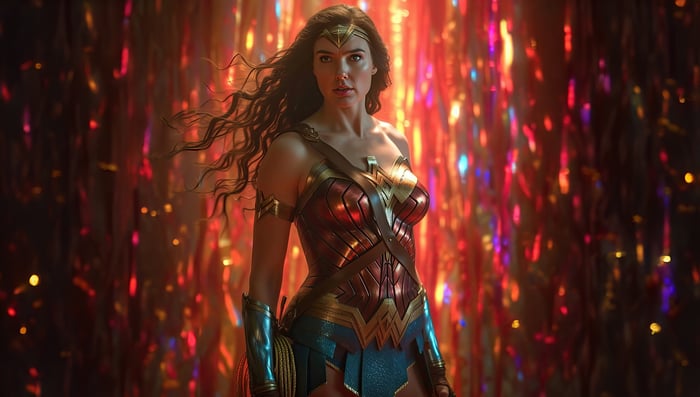 Wonder Woman in a shimmering, colorful background
