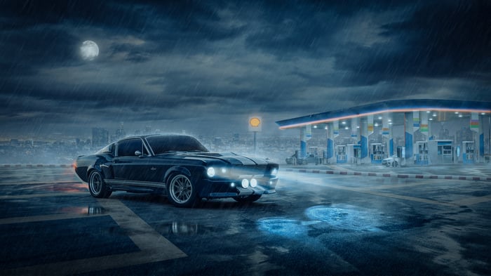 Ford Mustang Outcast at a rainy gas station