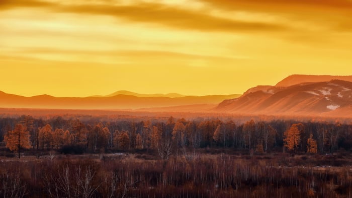 Fall Morning Landscape with Mountains and Forest
