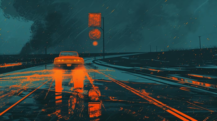 Orange car driving on a wet road at night