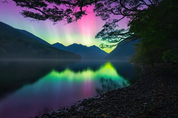 Aurora Lights Over Fiordland National Park, New Zealand