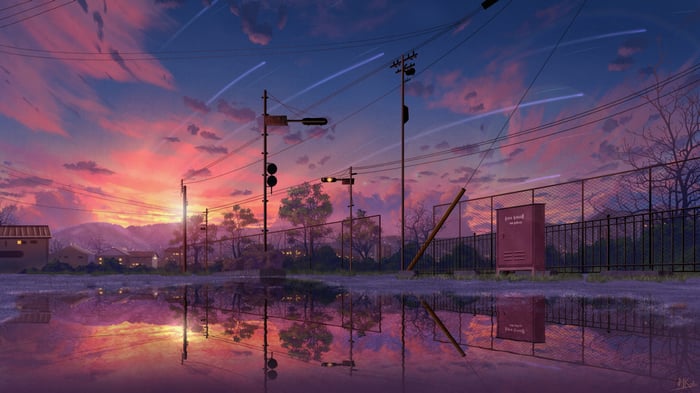Anime Sunset Over a Reflective Puddle