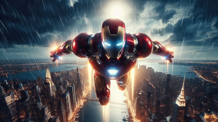 Iron Man Flying Over a City in the Rain