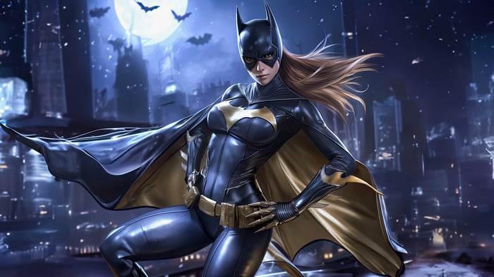 Batgirl in a dark city at night