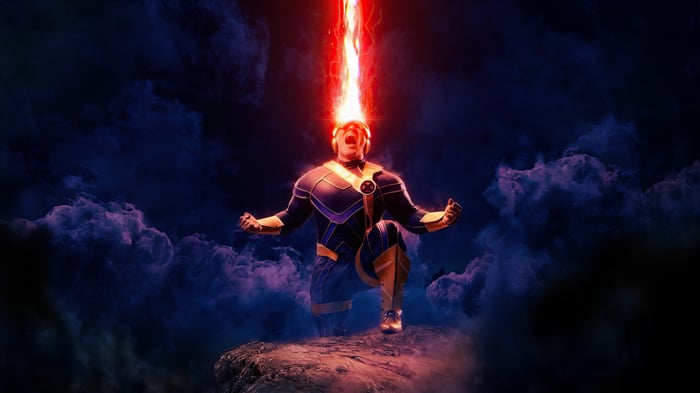 Cyclops Unleashes Optic Blast Amidst Stormy Skies