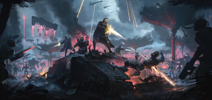 Helldivers 2 soldiers in a jungle battlefield