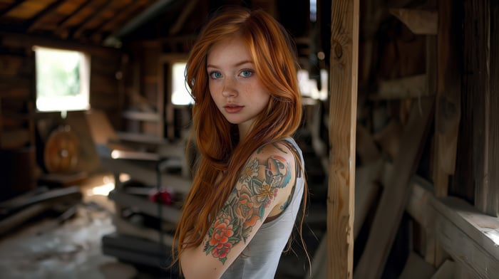Redhead girl with tattoos in a wooden shed