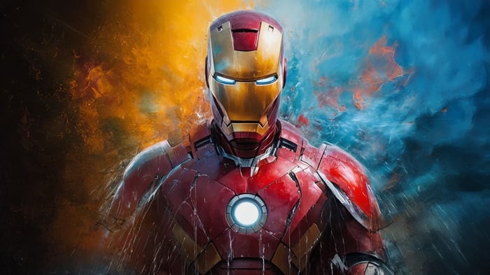 Iron Man in a dramatic, colorful explosion