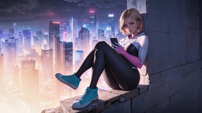 Gwen Stacy on a rooftop overlooking a city