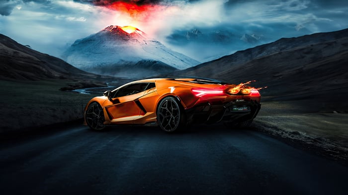 2024 Lamborghini Revuelto on a road with a volcano
